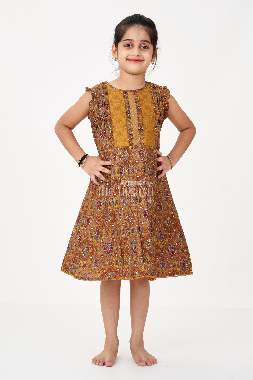 The Nesavu Girls Cotton Frock Girls Frock in Cotton with Vintage Floral Patterns and Pleated Detailing for an Elegant Look Nesavu Girls Frock Cotton Vintage Floral Prints Elegant Pleated Detailing | The Nesavu