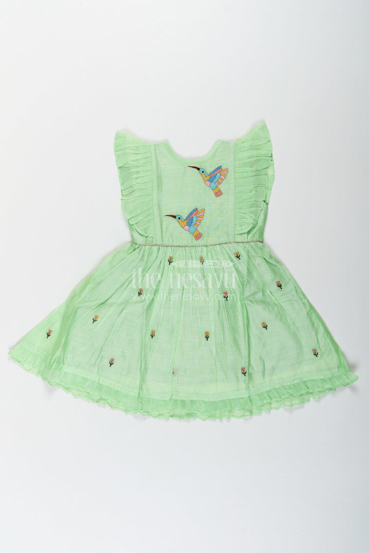 The Nesavu Girls Chanderi Frock Girls frock night dress in Light Green Chanderi with Bird Embroidery and Layered Frill Sleeves Nesavu Nesavu Girls frock night dress Green Chanderi Bird Embroidery Frill Sleeve Detailing
