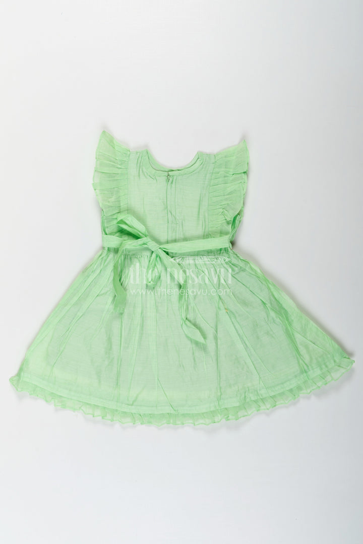 The Nesavu Girls Chanderi Frock Girls frock night dress in Light Green Chanderi with Bird Embroidery and Layered Frill Sleeves Nesavu Nesavu Girls frock night dress Green Chanderi Bird Embroidery Frill Sleeve Detailing