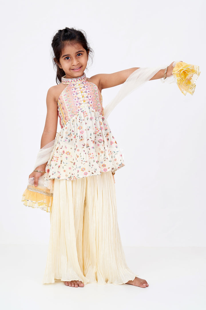 The Nesavu Girls Sharara / Plazo Set Girls Frock Plazo Set in Pure Georgette with Floral Embroidery and Halter Neck Choli Nesavu 16 (1Y) / Half white GPS507A-16 Nesavu Girls Frock Plazo Set Pure Georgette Floral Embroidery Halter Neck Choli