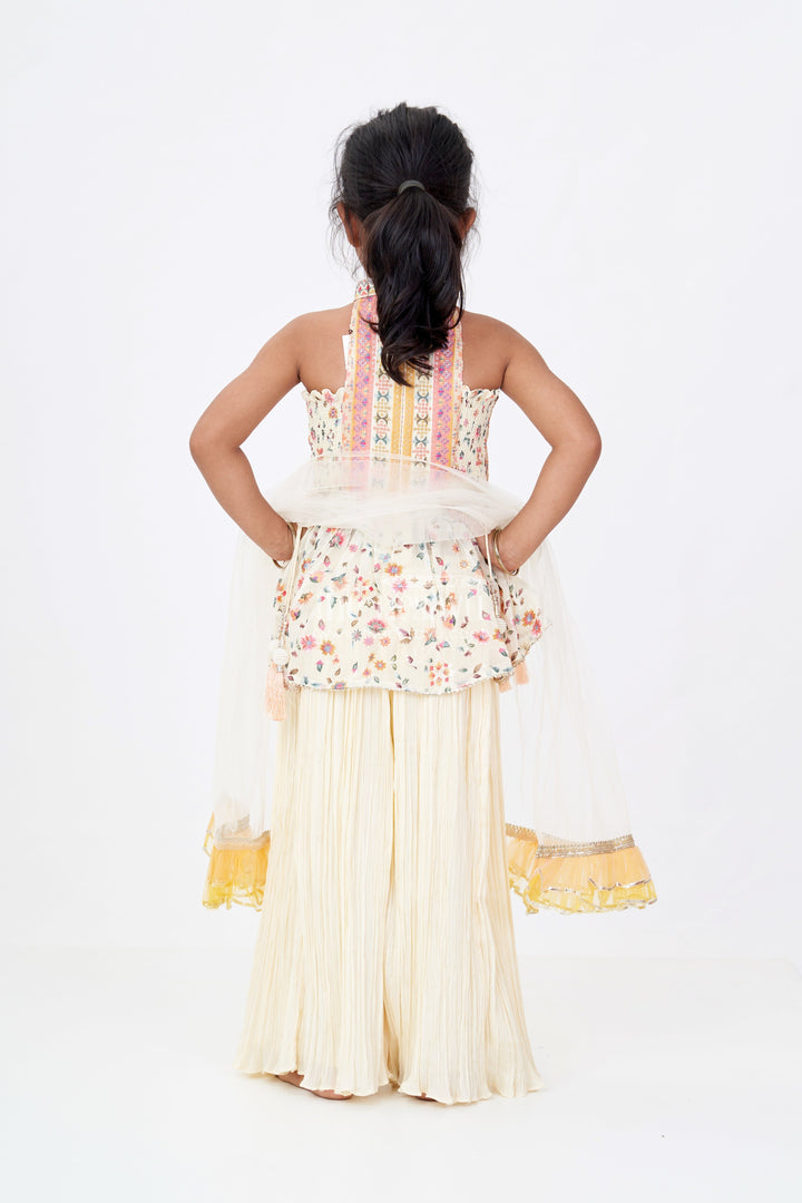 The Nesavu Girls Sharara / Plazo Set Girls Frock Plazo Set in Pure Georgette with Floral Embroidery and Halter Neck Choli Nesavu Nesavu Girls Frock Plazo Set Pure Georgette Floral Embroidery Halter Neck Choli