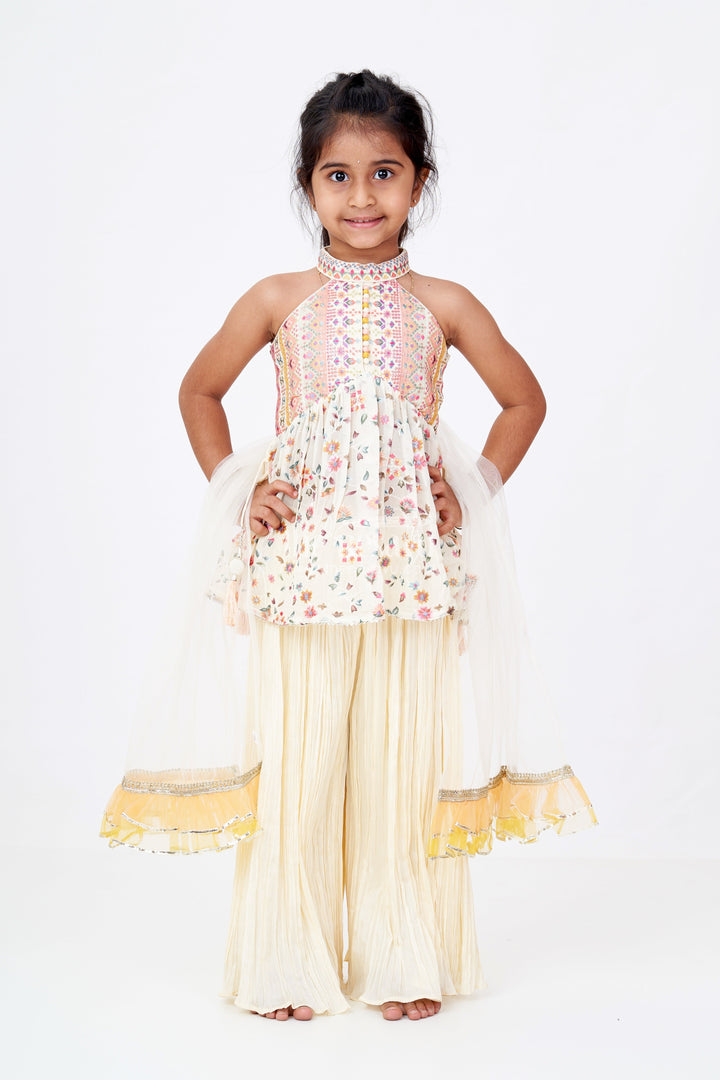 The Nesavu Girls Sharara / Plazo Set Girls Frock Plazo Set in Pure Georgette with Floral Embroidery and Halter Neck Choli Nesavu Nesavu Girls Frock Plazo Set Pure Georgette Floral Embroidery Halter Neck Choli