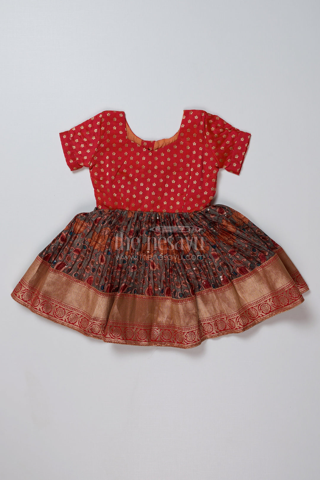 The Nesavu Silk Frock Girls Frock Suit Red in Chinon Pleated Silk Blend with Zari Border and Traditional Prints Nesavu 14 (6M) / Red SF965A-14 Nesavu Girls Frock Suit Red Chinon Pleated Silk Blend Zari Border Traditional Prints
