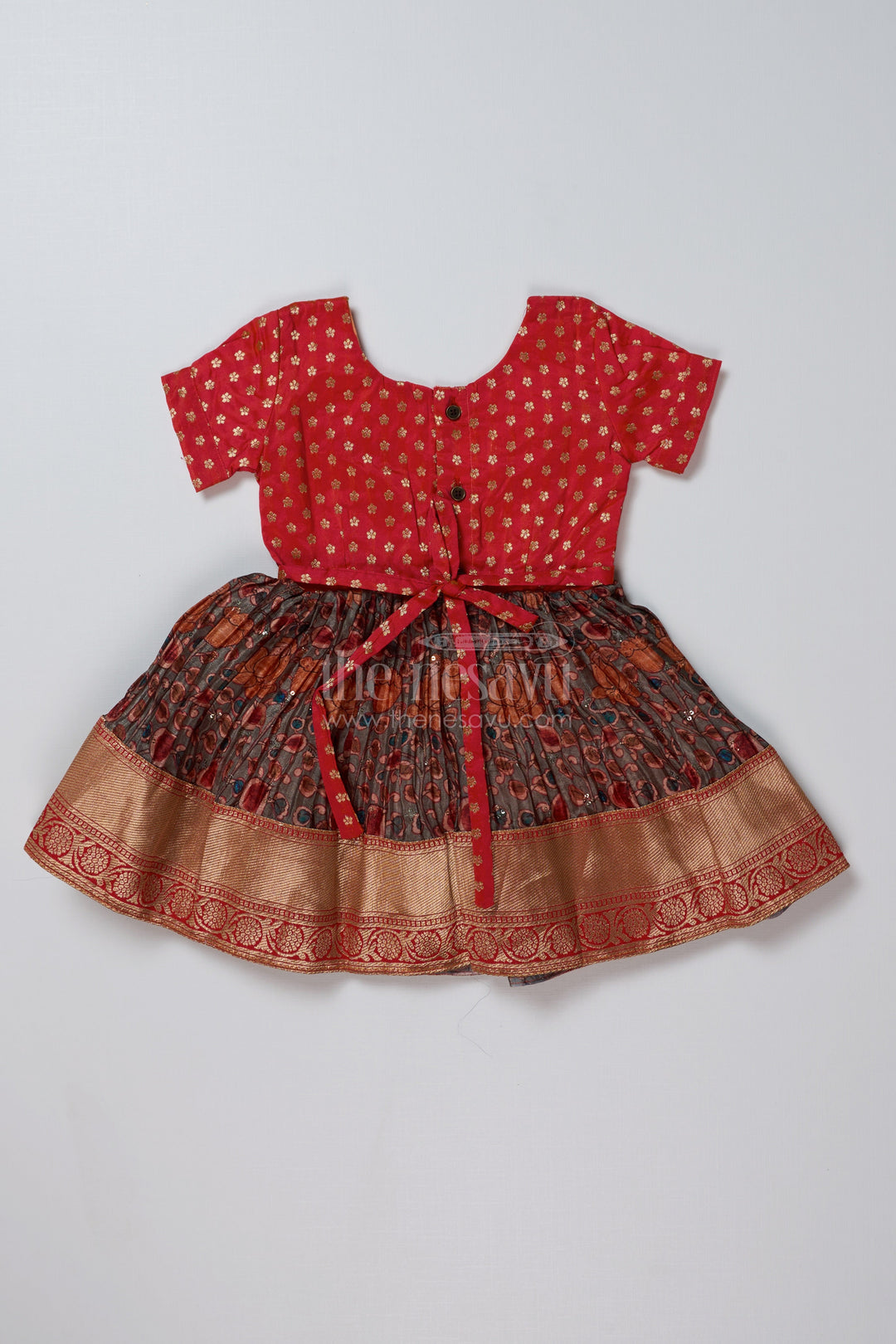 The Nesavu Silk Frock Girls Frock Suit Red in Chinon Pleated Silk Blend with Zari Border and Traditional Prints Nesavu Nesavu Girls Frock Suit Red Chinon Pleated Silk Blend Zari Border Traditional Prints