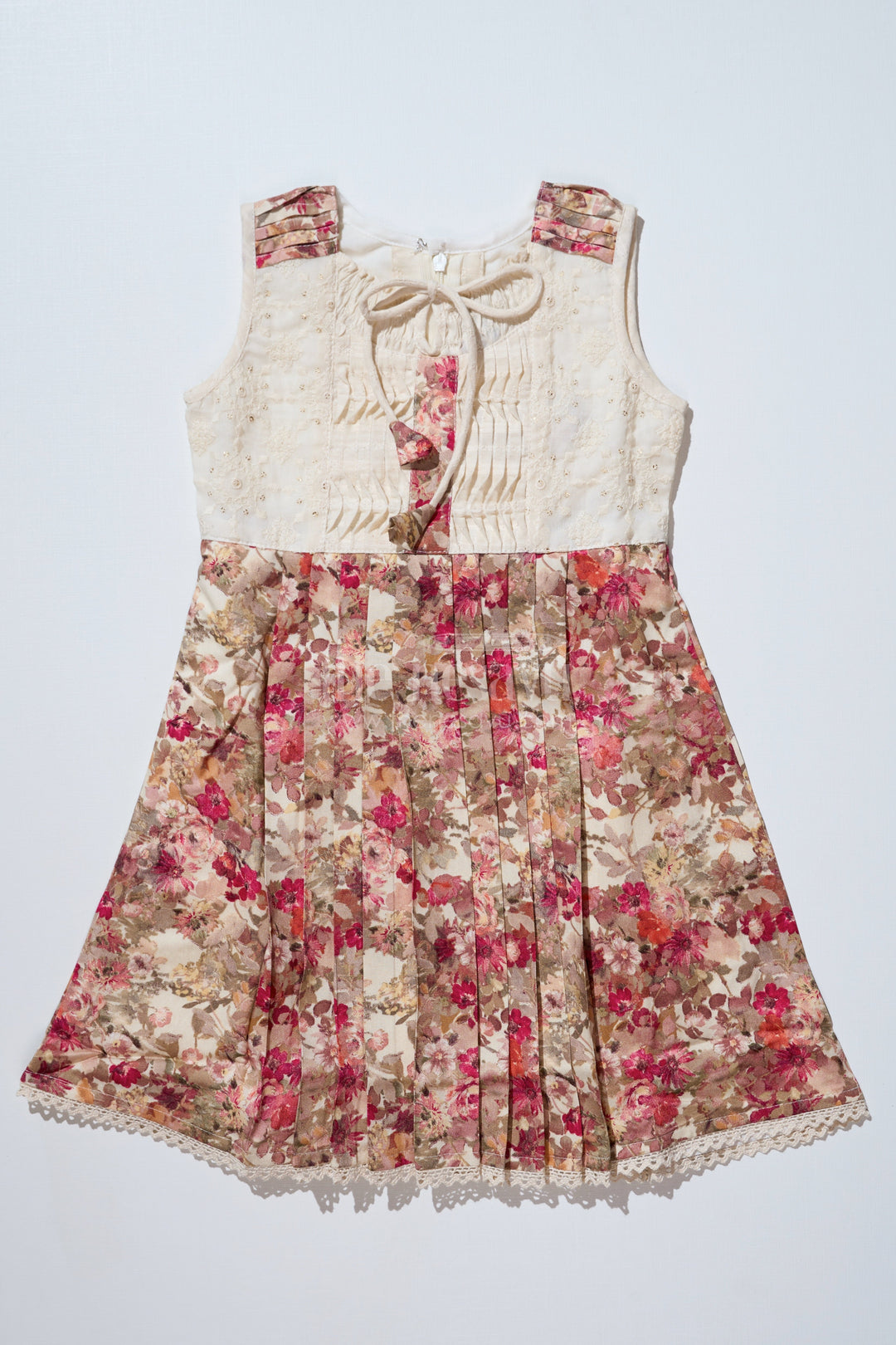 The Nesavu Girls Cotton Frock Girls Frock Suit Simple in Cotton Blend with Vintage Floral Print and Pleated Design Nesavu 22 (4Y) / Red GFC1633A-22 Girls Frock Suit Simple Cotton Blend Vintage Floral Print Pleated Design | The Nesavu