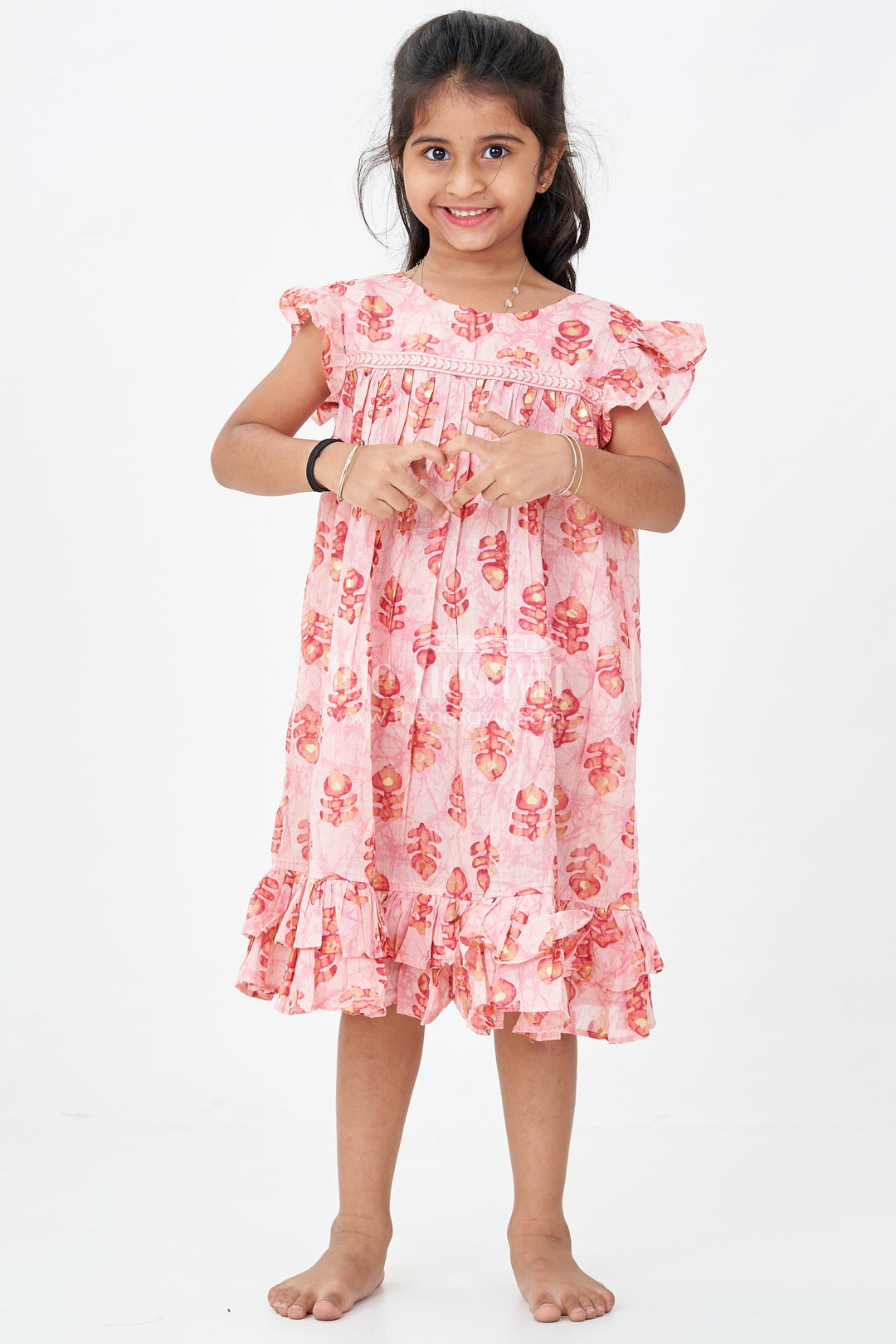 The Nesavu Girls Fancy Frock Girls Frock Type One Piece in Pink Rayon with Leaf Motifs and Frilly Sleeves for Casual Chic Nesavu 18 (2Y) / Pink GFC1761A-18 Nesavu Pink Rayon Frock Type One Piece Bold Leaf Digital Prints Ruffle Hem