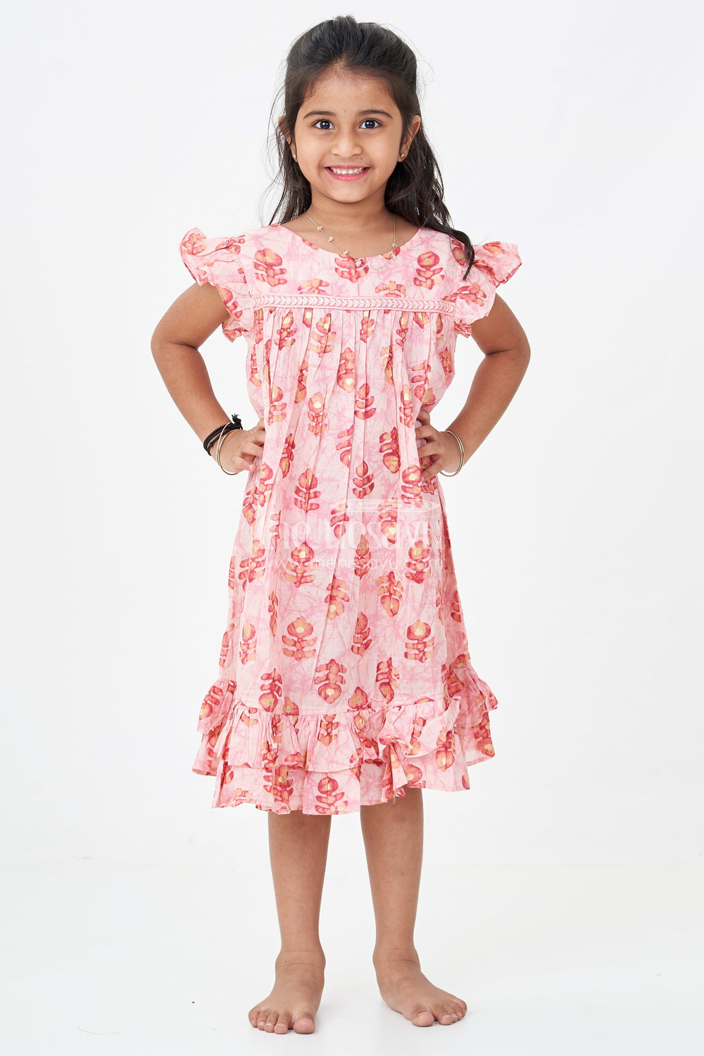 The Nesavu Girls Fancy Frock Girls Frock Type One Piece in Pink Rayon with Leaf Motifs and Frilly Sleeves for Casual Chic Nesavu Nesavu Pink Rayon Frock Type One Piece Bold Leaf Digital Prints Ruffle Hem