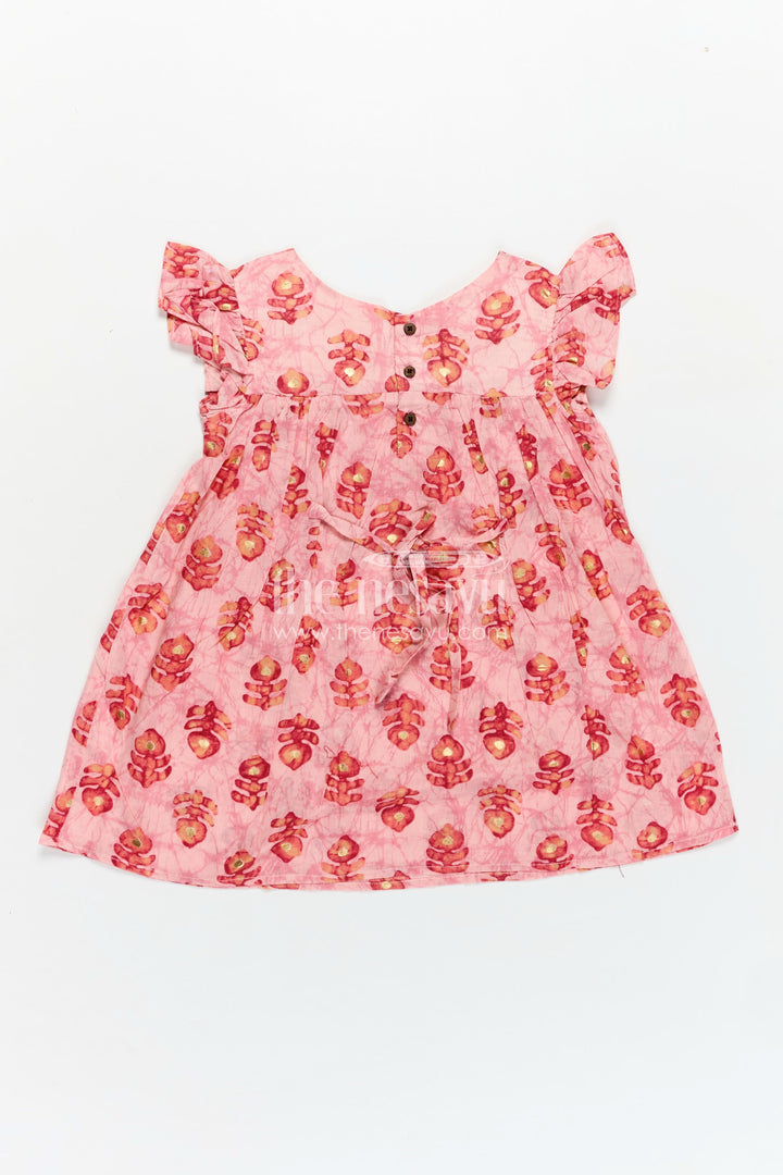The Nesavu Girls Fancy Frock Girls Frock Type One Piece in Pink Rayon with Leaf Motifs and Frilly Sleeves for Casual Chic Nesavu Nesavu Pink Rayon Frock Type One Piece Bold Leaf Digital Prints Ruffle Hem