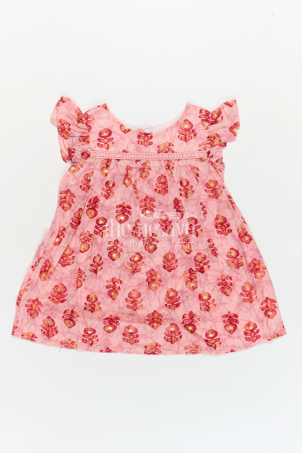 The Nesavu Girls Fancy Frock Girls Frock Type One Piece in Pink Rayon with Leaf Motifs and Frilly Sleeves for Casual Chic Nesavu Nesavu Pink Rayon Frock Type One Piece Bold Leaf Digital Prints Ruffle Hem