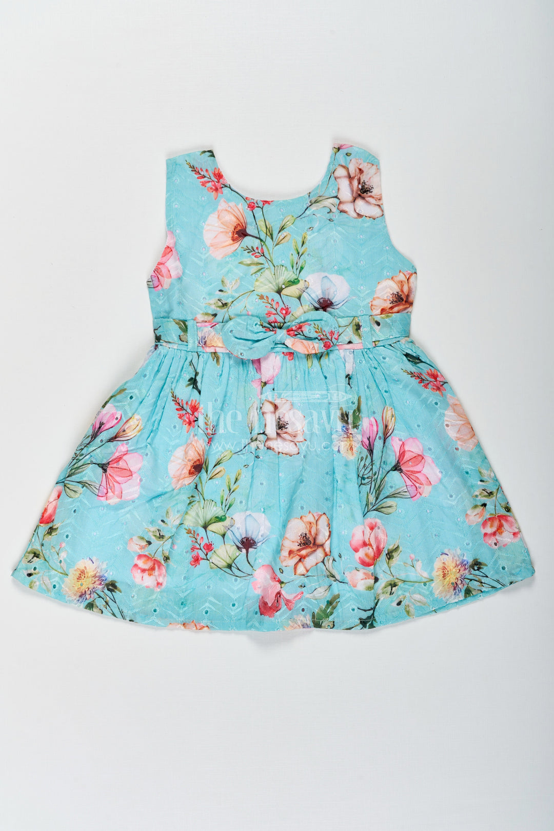The Nesavu Baby Cotton Frocks Girls Frock with Belt in Hakoba Cotton Featuring Multicolor Floral Print and Elegant Green Hue Nesavu 14 (6M) / Green BFJ757B-14 Nesavu Girls Frock Belt Green Hakoba Cotton Multicolor Floral Print Stylish Comfort