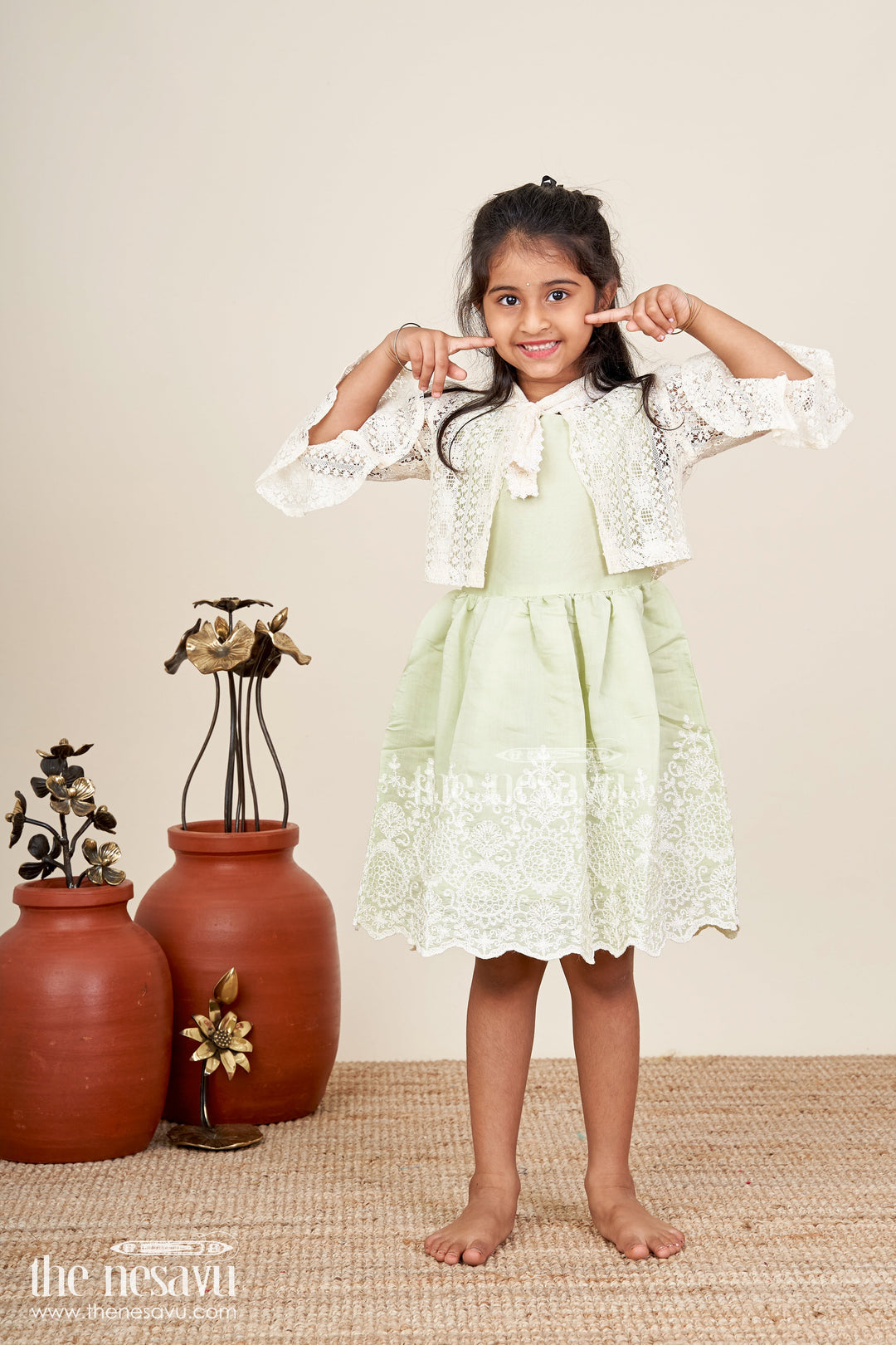 The Nesavu Girls Fancy Frock Girls frock with cotton thread embroidery and detachable lace coat Nesavu 20 (3Y) / Pink GFC1831B-20 Nesavu embroidered frock detachable lace coat  fancy party wear girls