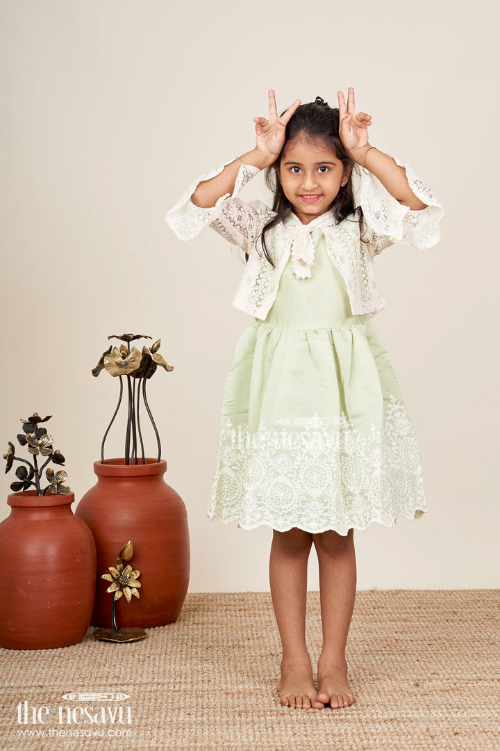 The Nesavu Girls Fancy Frock Girls frock with cotton thread embroidery and detachable lace coat Nesavu Nesavu embroidered frock detachable lace coat  fancy party wear girls