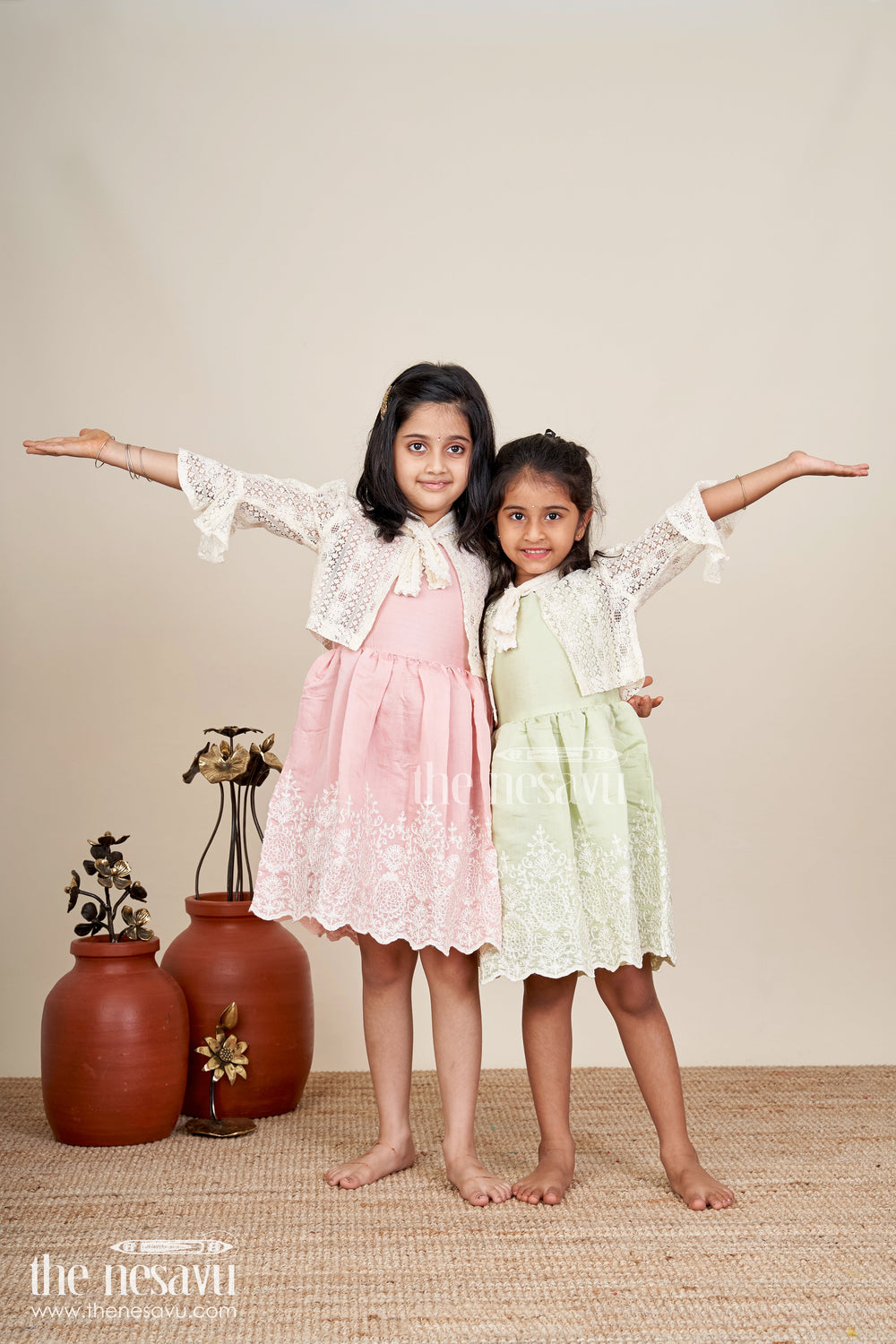 The Nesavu Girls Fancy Frock Girls frock with cotton thread embroidery and detachable lace coat Nesavu Nesavu embroidered frock detachable lace coat  fancy party wear girls