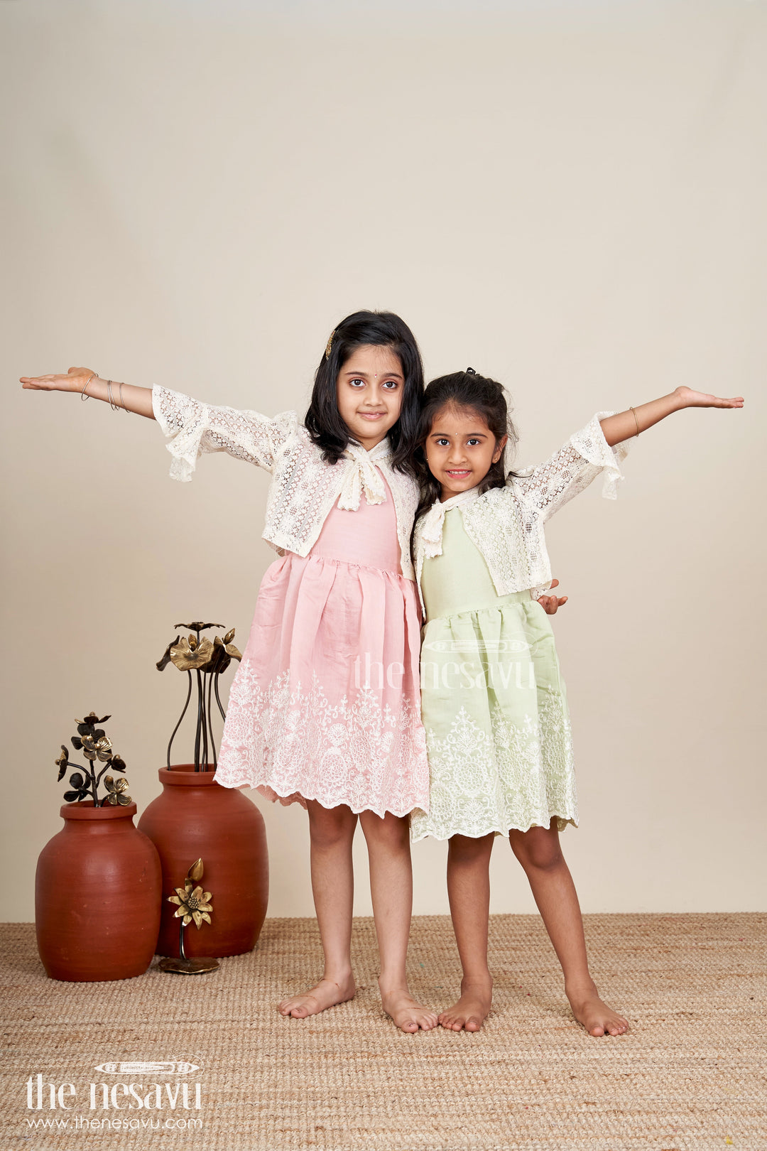 The Nesavu Girls Fancy Frock Girls frock with cotton thread embroidery and detachable lace coat Nesavu Nesavu embroidered frock detachable lace coat  fancy party wear girls