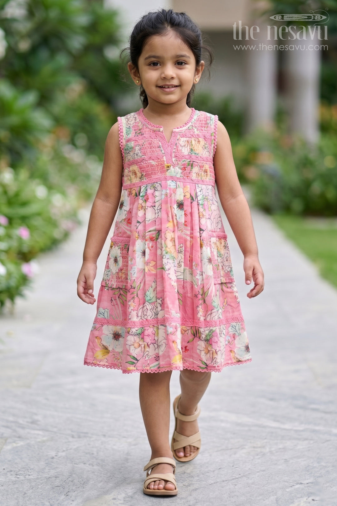 The Nesavu Girls Cotton Frock Girls Frock with Flowers in Soft Cotton Featuring Delicate Smocking and Pleated Detailing Nesavu 22 (4Y) / Pink GFC1632A-22 Girls Frock Flowers Soft Cotton Smocking Elegant Pleats | The Nesavu