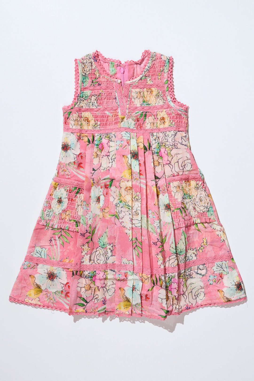 The Nesavu Girls Cotton Frock Girls Frock with Flowers in Soft Cotton Featuring Delicate Smocking and Pleated Detailing Nesavu 22 (4Y) / Pink GFC1632A-22 Nesavu Girls Frock Flowers Soft Cotton Smocking Elegant Pleats