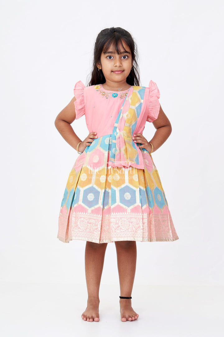 The Nesavu Silk Party Frock Girls Frock with Silk Saree Fabric and Embroidery Featuring Pleated Skirt and Ruffle Sleeves Nesavu 16 (1Y) / Pink SF975C-16 Nesavu Girls Frock Silk Saree Fabric Embroidery Special Festive Occasions