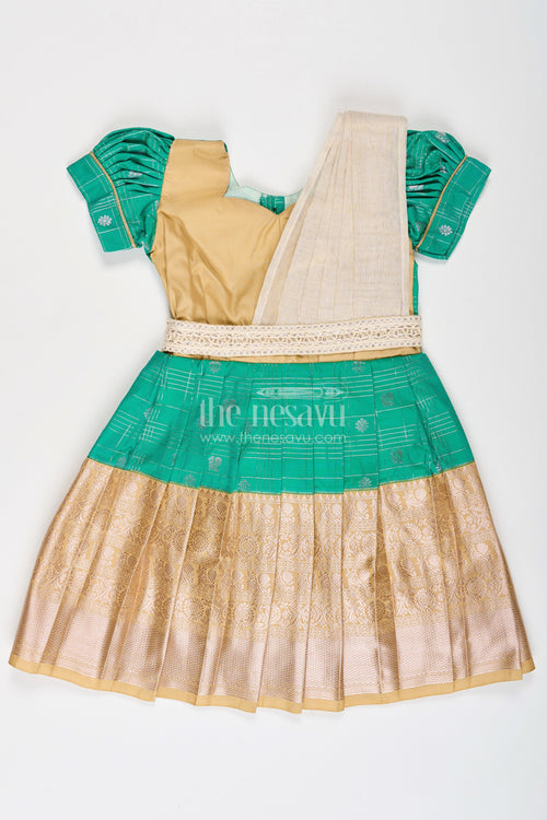 The Nesavu Girls Kanchi Silk Frock Girls Frocks Designs in Green Semi Kanchivaram Silk with Thread Embroidery and Lace Dupatta Nesavu 14 (6M) / Green / Style 3 SF837FC-14 Nesavu Girls Green Frocks Designs in Semi Kanchivaram Silk with Embroidery and Lace Dupatta