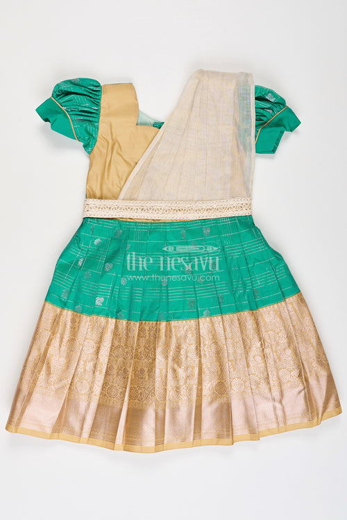The Nesavu Girls Kanchi Silk Frock Girls Frocks Designs in Green Semi Kanchivaram Silk with Thread Embroidery and Lace Dupatta Nesavu 14 (6M) / Green / Style 4 SF837FD-14 Nesavu Girls Green Frocks Designs in Semi Kanchivaram Silk with Embroidery and Lace Dupatta