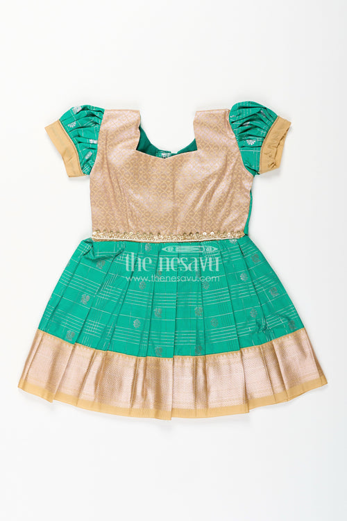 The Nesavu Girls Kanchi Silk Frock Girls Frocks Designs in Green Semi Kanchivaram Silk with Thread Embroidery and Lace Dupatta Nesavu 14 (6M) / Green / Style 8 SF837FH-14 Nesavu Girls Green Frocks Designs in Semi Kanchivaram Silk with Embroidery and Lace Dupatta