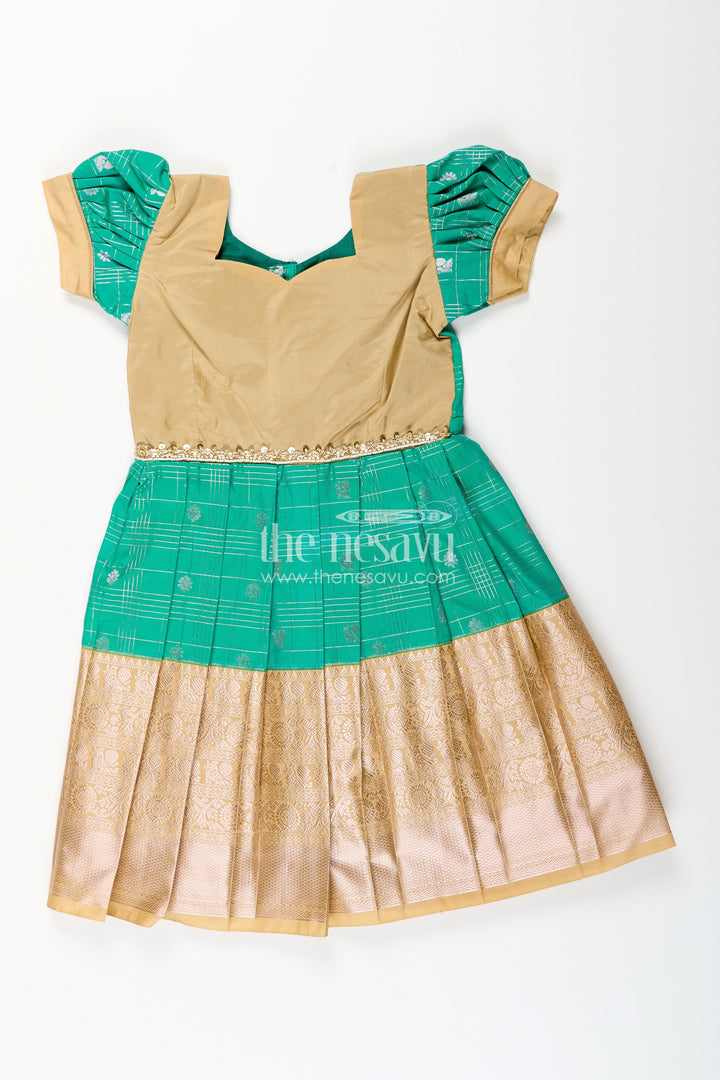 The Nesavu Girls Kanchi Silk Frock Girls Frocks Designs in Green Semi Kanchivaram Silk with Thread Embroidery and Lace Dupatta Nesavu 20 (3Y) / Green / Style 7 SF837FG-20 Nesavu Girls Green Frocks Designs in Semi Kanchivaram Silk with Embroidery and Lace Dupatta