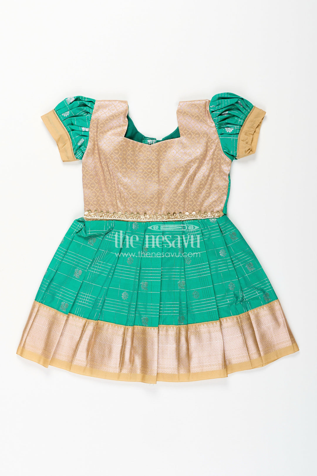 The Nesavu Girls Kanchi Silk Frock Girls Frocks Designs in Green Semi Kanchivaram Silk with Thread Embroidery and Lace Dupatta Nesavu 20 (3Y) / Green / Style 8 SF837FH-20 Nesavu Girls Green Frocks Designs in Semi Kanchivaram Silk with Embroidery and Lace Dupatta