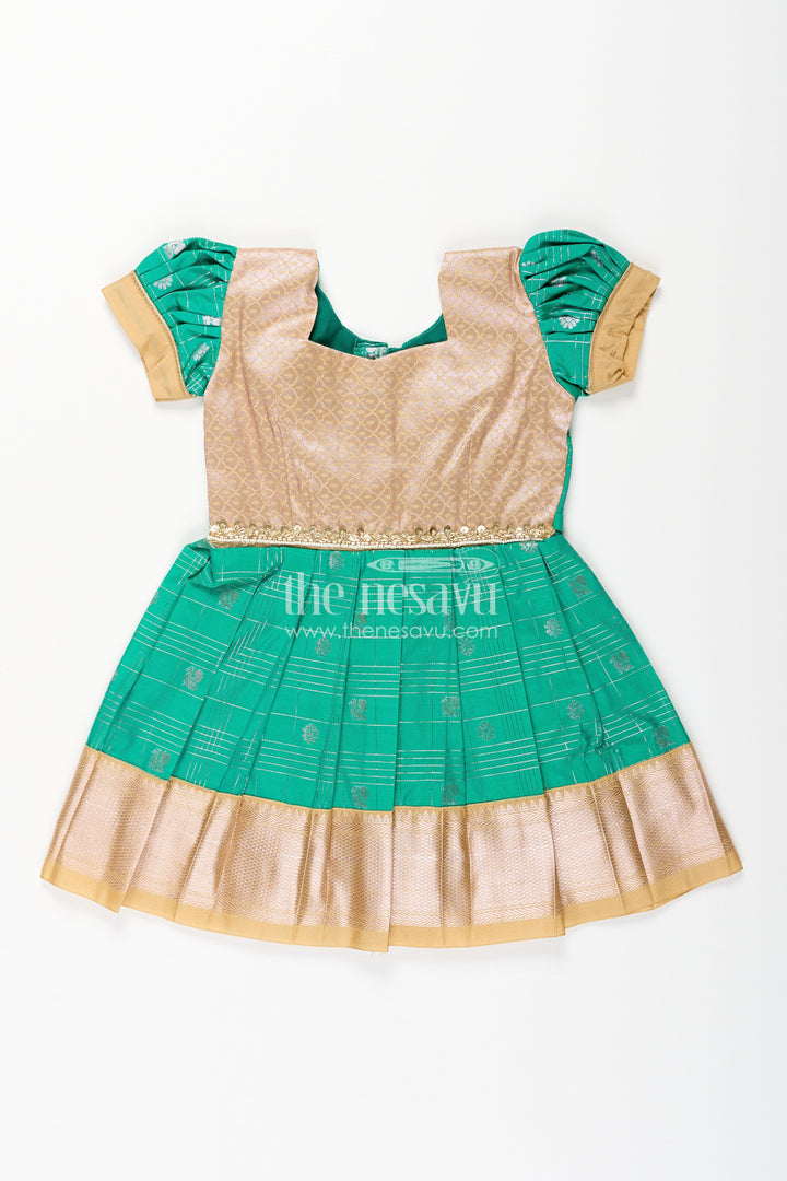 The Nesavu Girls Kanchi Silk Frock Girls Frocks Designs in Green Semi Kanchivaram Silk with Thread Embroidery and Lace Dupatta Nesavu 20 (3Y) / Green / Style 8 SF837FH-20 Nesavu Girls Green Frocks Designs in Semi Kanchivaram Silk with Embroidery and Lace Dupatta
