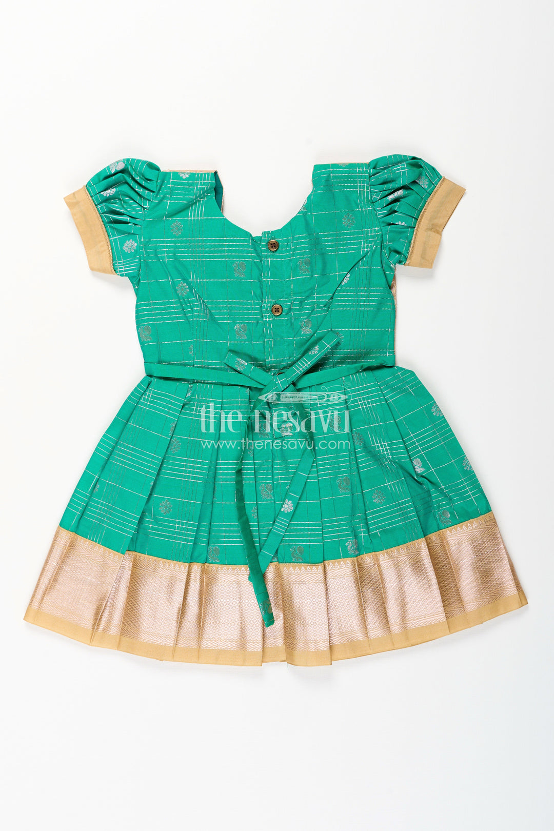 The Nesavu Girls Kanchi Silk Frock Girls Frocks Designs in Green Semi Kanchivaram Silk with Thread Embroidery and Lace Dupatta Nesavu Nesavu Girls Green Frocks Designs in Semi Kanchivaram Silk with Embroidery and Lace Dupatta