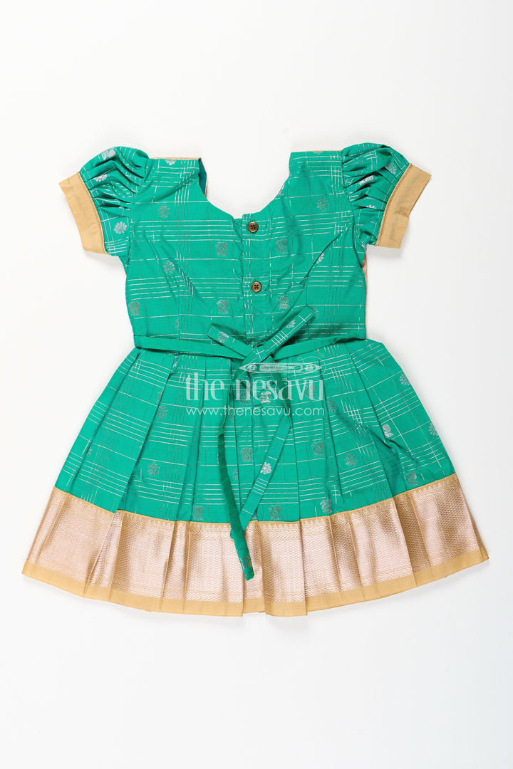 The Nesavu Girls Kanchi Silk Frock Girls Frocks Designs in Green Semi Kanchivaram Silk with Thread Embroidery and Lace Dupatta Nesavu Nesavu Girls Green Frocks Designs in Semi Kanchivaram Silk with Embroidery and Lace Dupatta