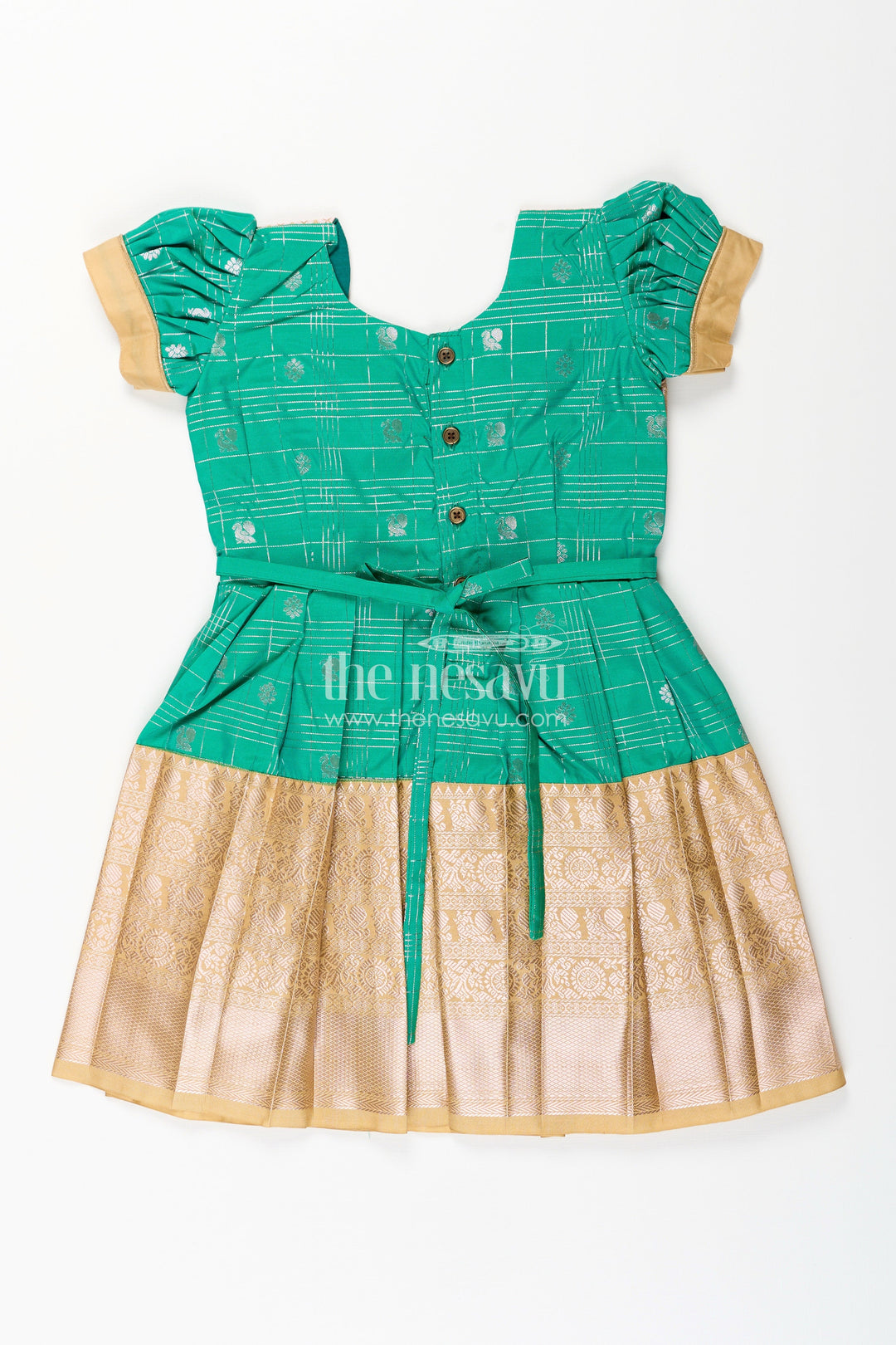 The Nesavu Girls Kanchi Silk Frock Girls Frocks Designs in Green Semi Kanchivaram Silk with Thread Embroidery and Lace Dupatta Nesavu Nesavu Girls Green Frocks Designs in Semi Kanchivaram Silk with Embroidery and Lace Dupatta