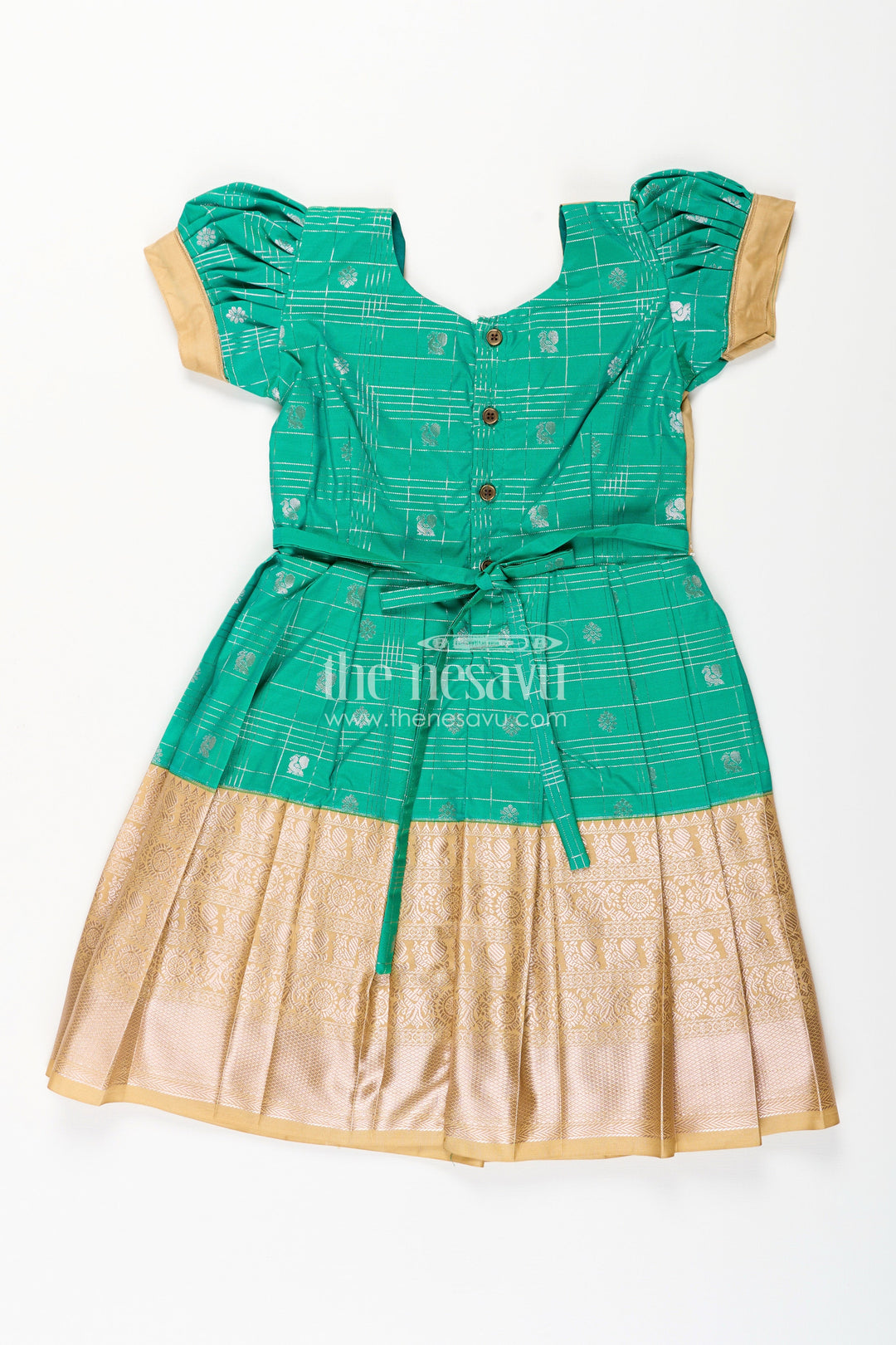 The Nesavu Girls Kanchi Silk Frock Girls Frocks Designs in Green Semi Kanchivaram Silk with Thread Embroidery and Lace Dupatta Nesavu Nesavu Girls Green Frocks Designs in Semi Kanchivaram Silk with Embroidery and Lace Dupatta