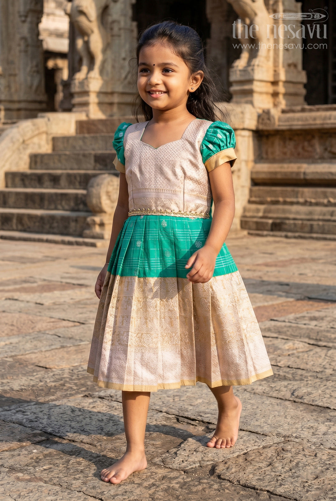 The Nesavu Girls Kanchi Silk Frock Girls Frocks Designs in Green Semi Kanchivaram Silk with Thread Embroidery and Lace Dupatta Nesavu Nesavu Girls Green Frocks Designs in Semi Kanchivaram Silk with Embroidery and Lace Dupatta