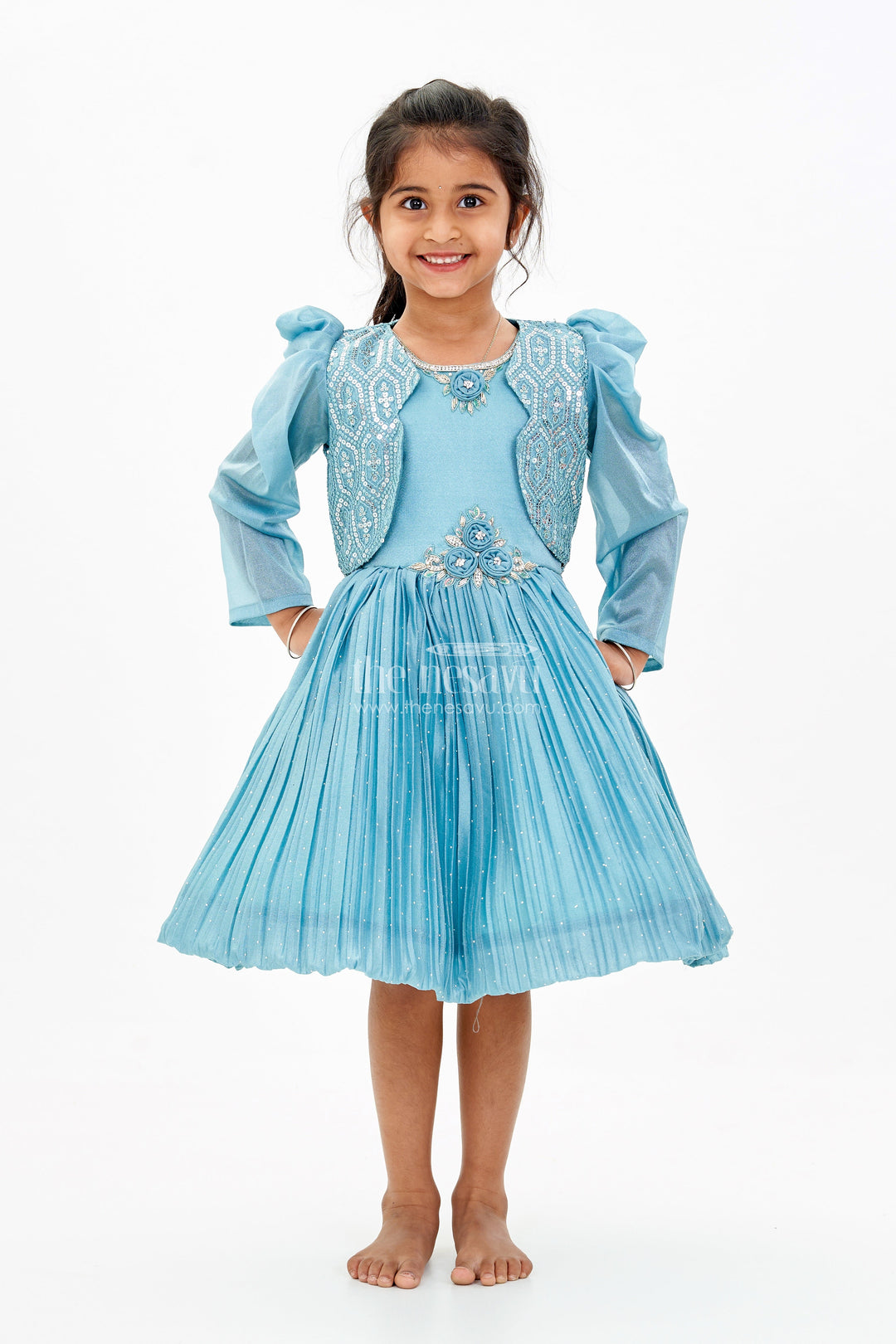 The Nesavu Silk Party Frock Girls Full Frock Dress for Reception with Sequin Jacket and Pleated Flared Skirt for a Grand Look Nesavu 18 (2Y) / Silver SF972A-18 Nesavu Girls Full Frock Dress Reception Sequin Jacket Pleated Flared Skirt