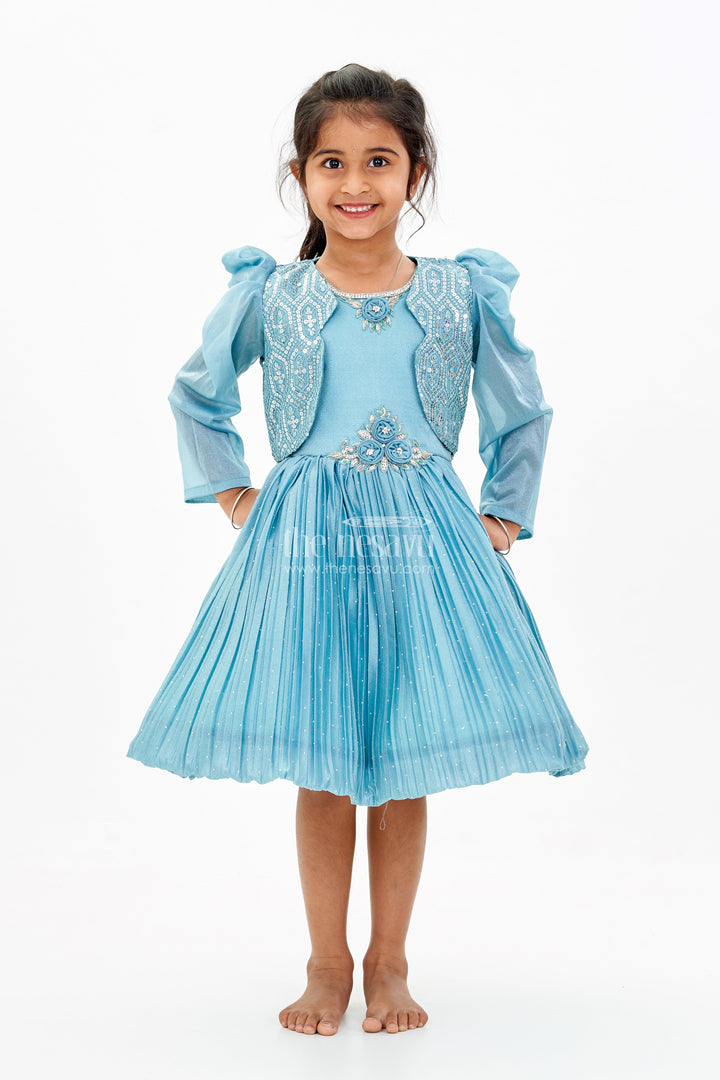 The Nesavu Silk Party Frock Girls Full Frock Dress for Reception with Sequin Jacket and Pleated Flared Skirt for a Grand Look Nesavu 18 (2Y) / Silver SF972A-18 Nesavu Girls Full Frock Dress Reception Sequin Jacket Pleated Flared Skirt