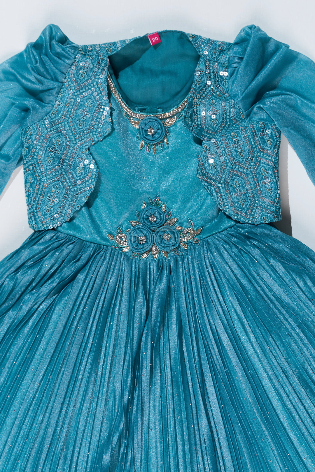 The Nesavu Silk Party Frock Girls Full Frock Dress for Reception with Sequin Jacket and Pleated Flared Skirt for a Grand Look Nesavu Nesavu Girls Full Frock Dress Reception Sequin Jacket Pleated Flared Skirt