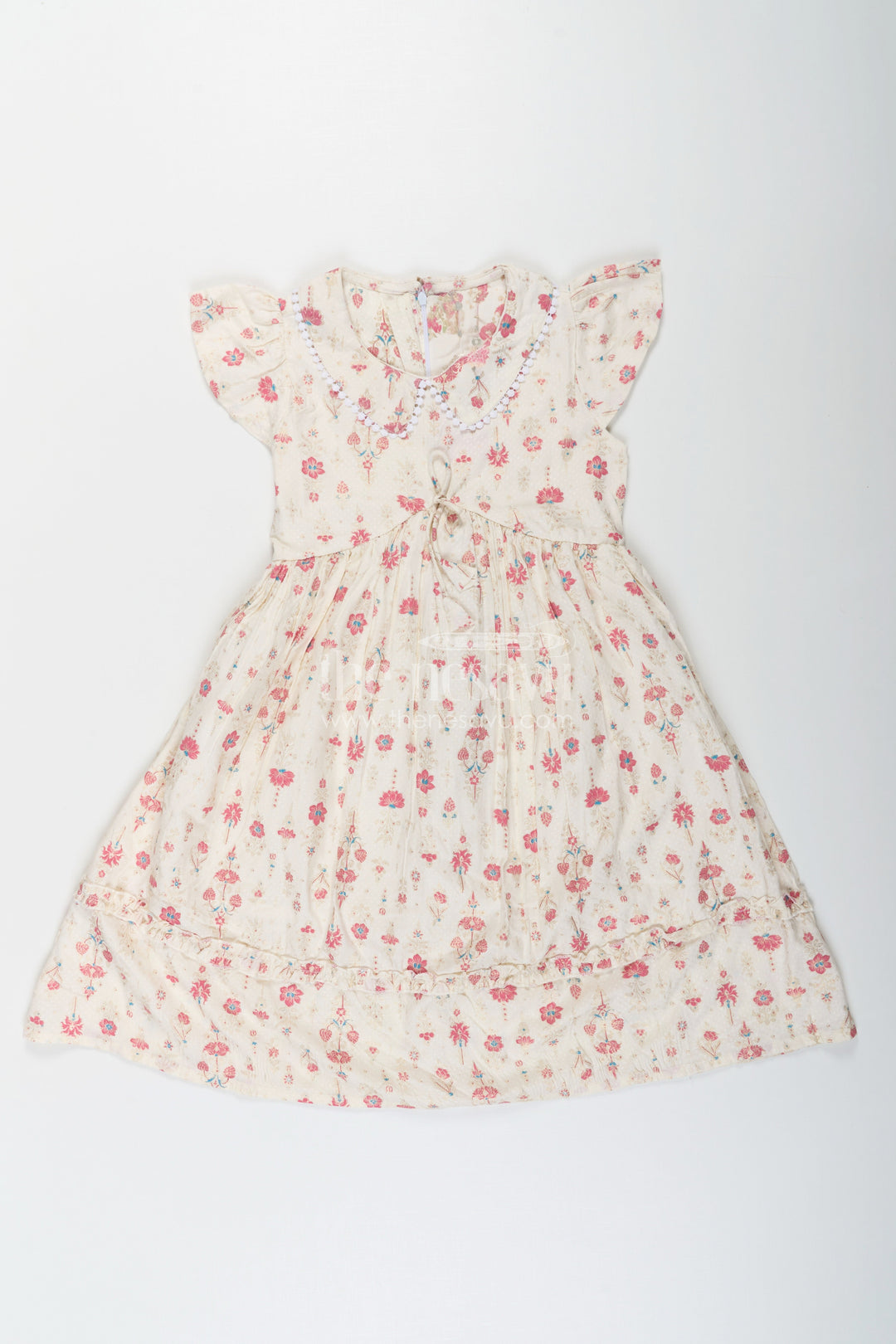 The Nesavu Girls Cotton Frock Girls Full Frock in Cream Rayon with Floral Digital Print and Ruffled Sleeves for Comfortable Wear Nesavu 26 (6Y) / Half white GFC1719A-26 Nesavu Girls Full Frock Cream Rayon Floral Digital Print Flutter Sleeves