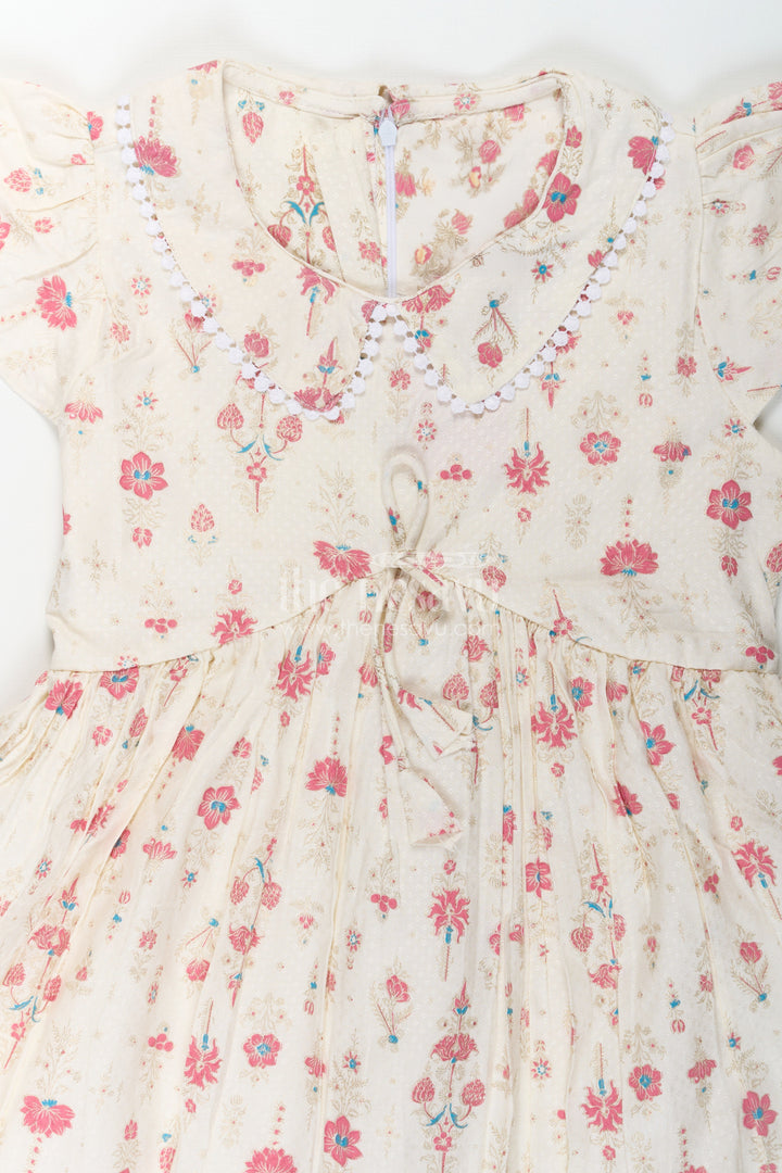 The Nesavu Girls Cotton Frock Girls Full Frock in Cream Rayon with Floral Digital Print and Ruffled Sleeves for Comfortable Wear Nesavu Nesavu Girls Full Frock Cream Rayon Floral Digital Print Flutter Sleeves