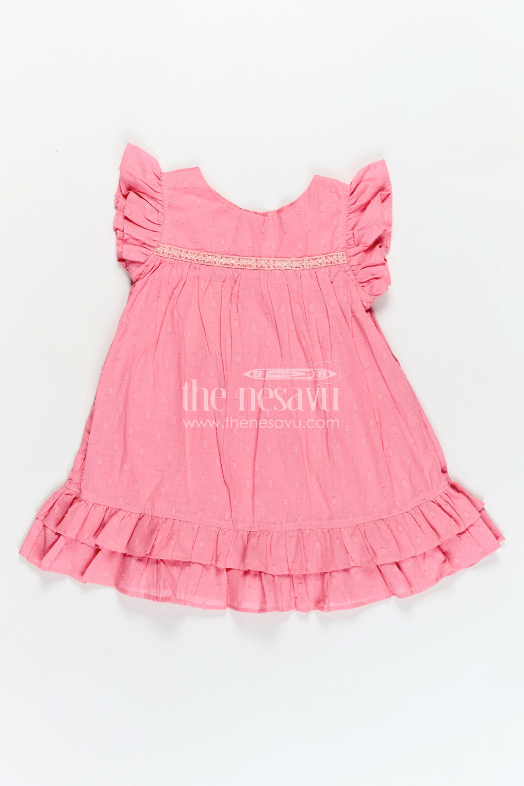 The Nesavu Girls Fancy Frock Girls Georgette Material Frock in Solid Pink with Ruffle Sleeves and Flowy Double-Layered Hem Nesavu 18 (2Y) / Pink GFC1766A-18 Nesavu Pink Georgette Material Frock Ruffle Sleeves Double-Layered Flowy Hem Girls