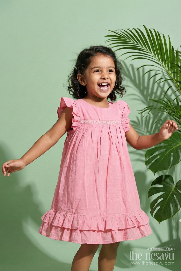 The Nesavu Girls Fancy Frock Girls Georgette Material Frock in Solid Pink with Ruffle Sleeves and Flowy Double-Layered Hem Nesavu 18 (2Y) / Pink GFC1766A-18 Nesavu Pink Georgette Material Frock Ruffle Sleeves Double-Layered Flowy Hem Girls