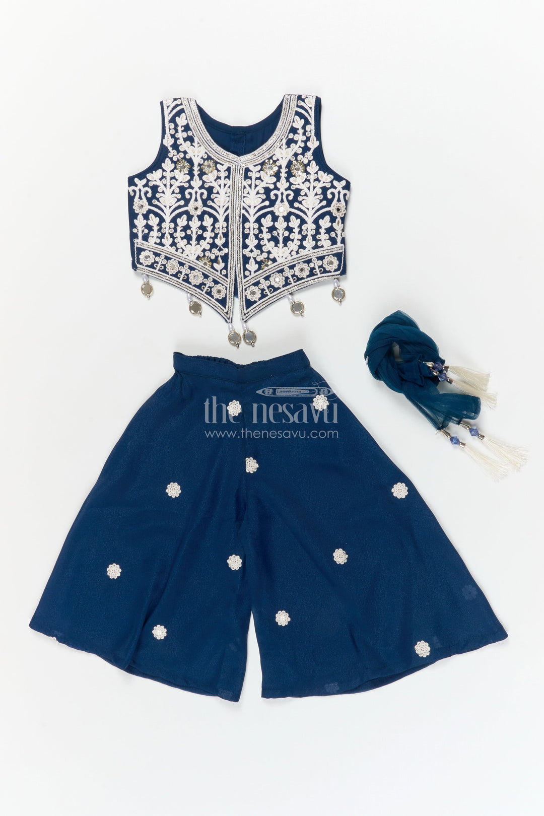 The Nesavu Girls Sharara / Plazo Set Girls Georgette Plazo Set with Jacket-style Blouse for Festive Ceremonies Nesavu Nesavu girls georgette plazo set with embroidered jacket blouse and dupatta for traditional functions