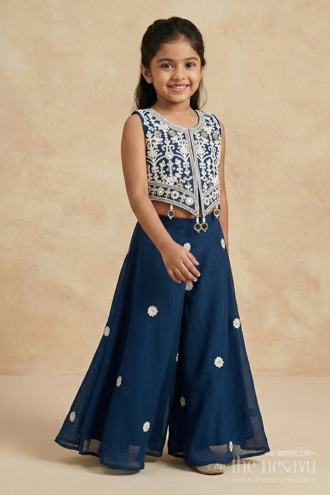 The Nesavu Girls Sharara / Plazo Set Girls Georgette Plazo Set with Jacket-style Blouse for Festive Ceremonies Nesavu Nesavu girls georgette plazo set with embroidered jacket blouse and dupatta for traditional functions
