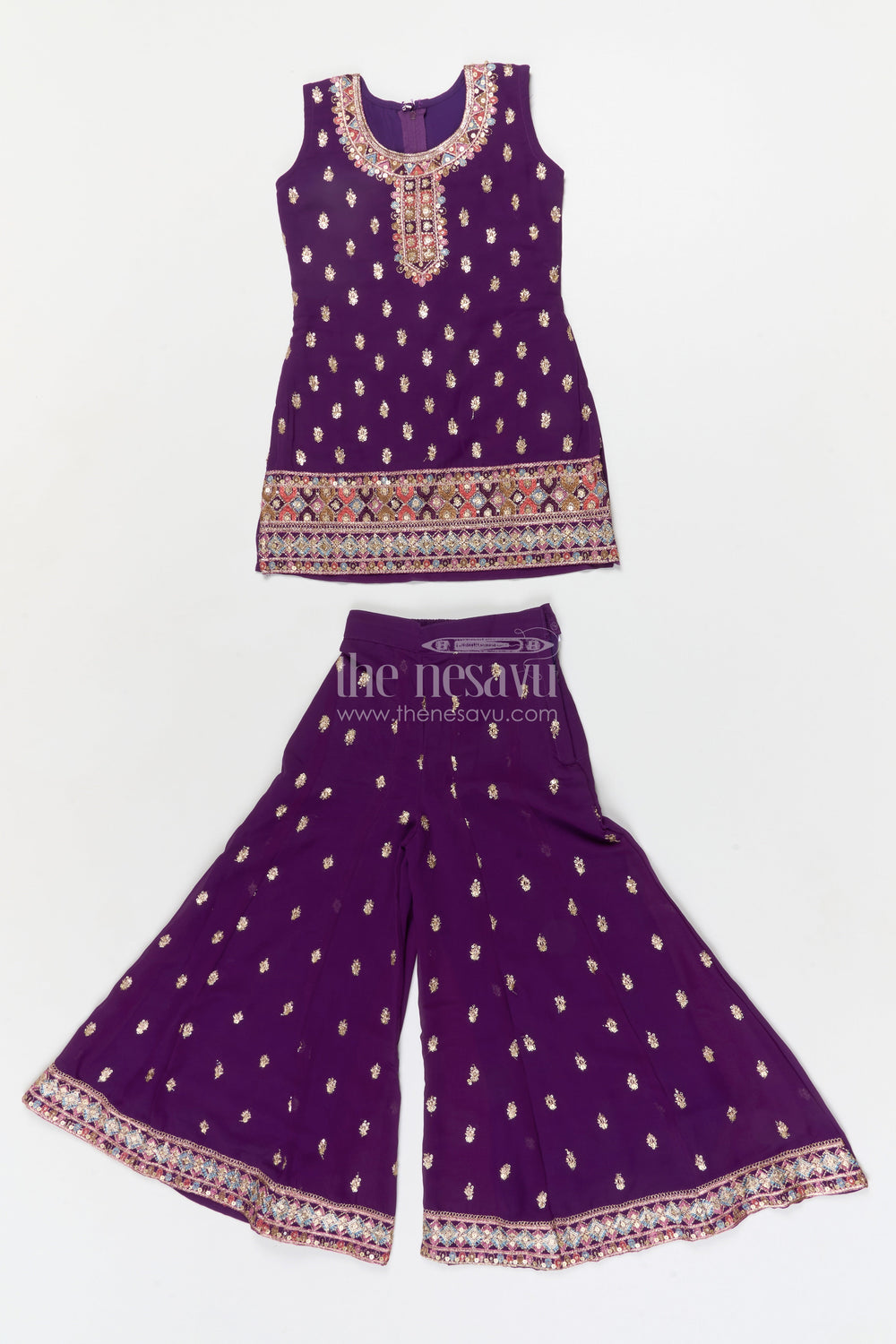 The Nesavu Girls Sharara / Plazo Set Girls Georgette Sharara Set for Wedding Receptions and Ethnic Parties Nesavu 24 (5Y) / Purple / Georgette GPS944B-24 Nesavu girls georgette sharara set with sequins for festive parties and wedding receptions