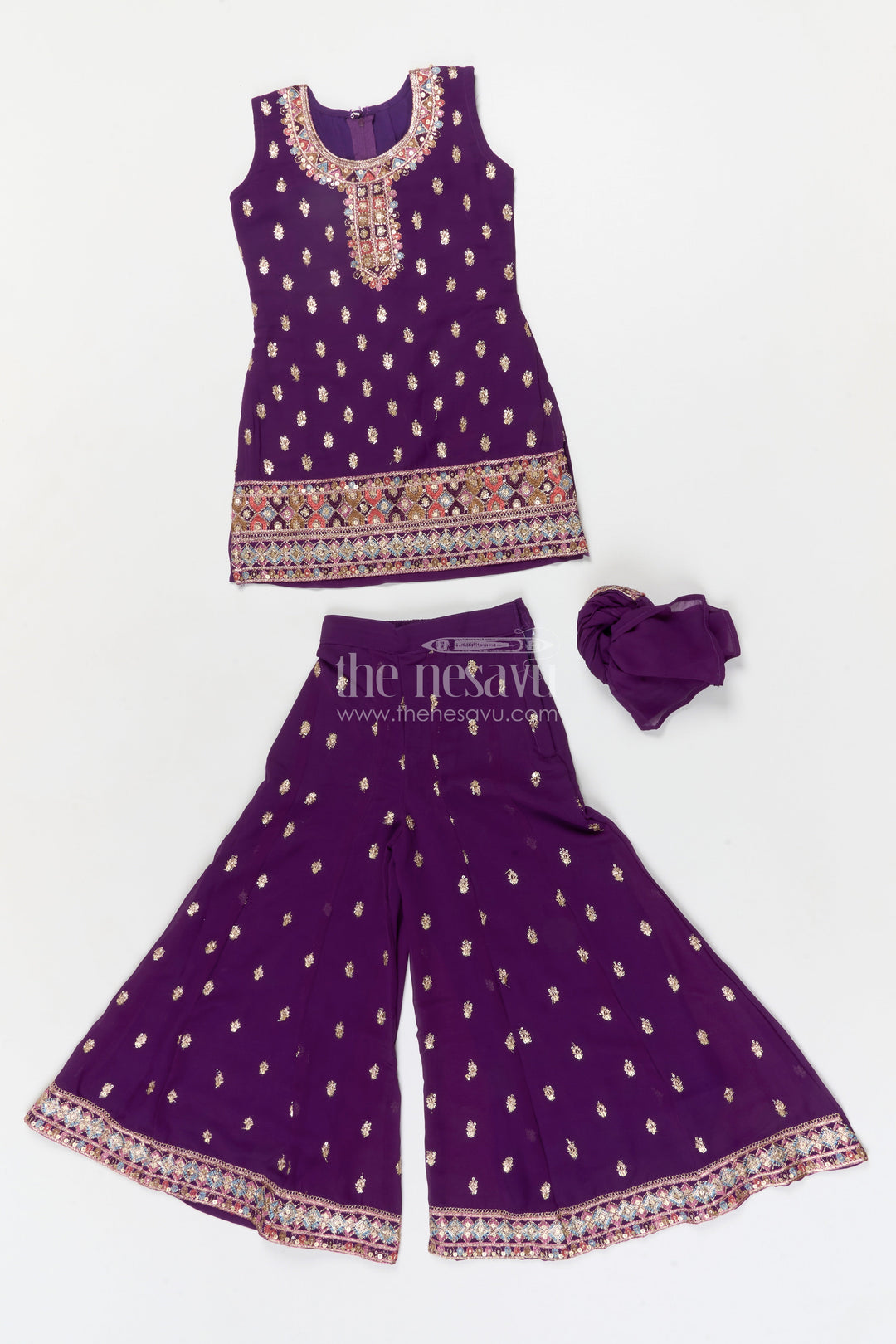 The Nesavu Girls Sharara / Plazo Set Girls Georgette Sharara Set for Wedding Receptions and Ethnic Parties Nesavu Nesavu girls georgette sharara set with sequins for festive parties and wedding receptions