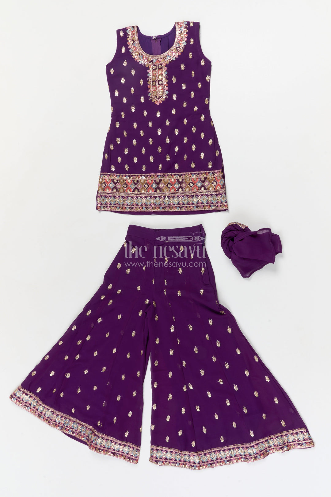 The Nesavu Girls Sharara / Plazo Set Girls Georgette Sharara Set for Wedding Receptions and Ethnic Parties Nesavu Nesavu girls georgette sharara set with sequins for festive parties and wedding receptions