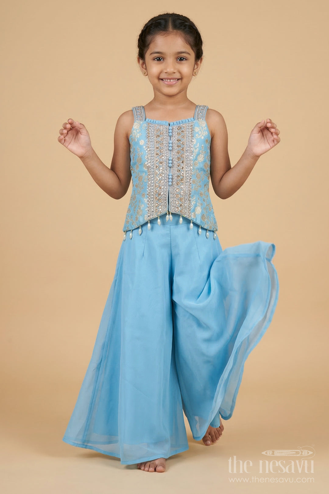 The Nesavu Girls Sharara / Plazo Set Girls Georgette Sharara Set with Embroidered Yoke for Family Functions Nesavu 18 (2Y) / Blue / Georgette GPS955A-18 Nesavu girls sharara set with embroidered sleeveless yoke and dupatta – perfect for mehendi and school ethnic days