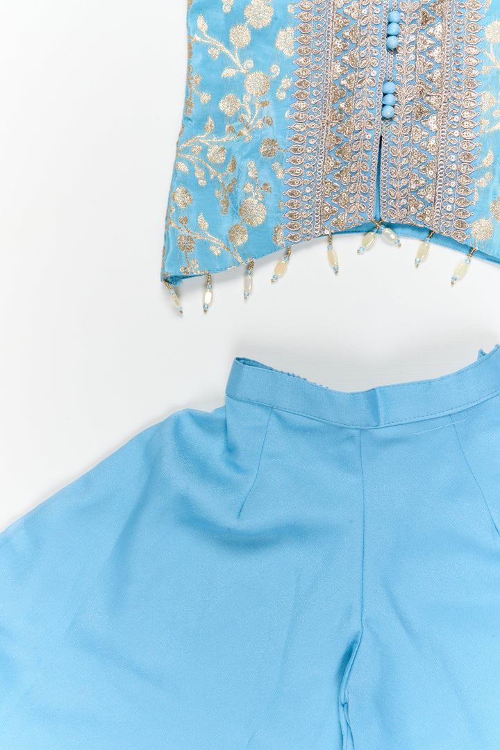 The Nesavu Girls Sharara / Plazo Set Girls Georgette Sharara Set with Embroidered Yoke for Family Functions Nesavu Nesavu girls sharara set with embroidered sleeveless yoke and dupatta – perfect for mehendi and school ethnic days