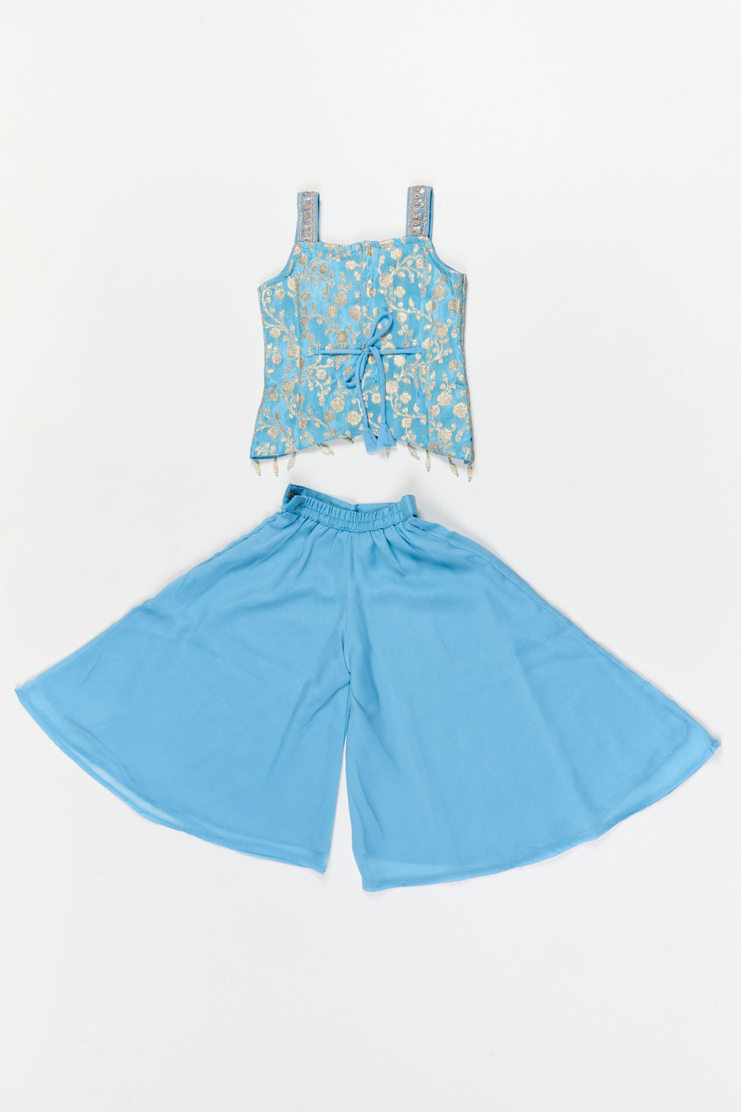 The Nesavu Girls Sharara / Plazo Set Girls Georgette Sharara Set with Embroidered Yoke for Family Functions Nesavu Nesavu girls sharara set with embroidered sleeveless yoke and dupatta – perfect for mehendi and school ethnic days