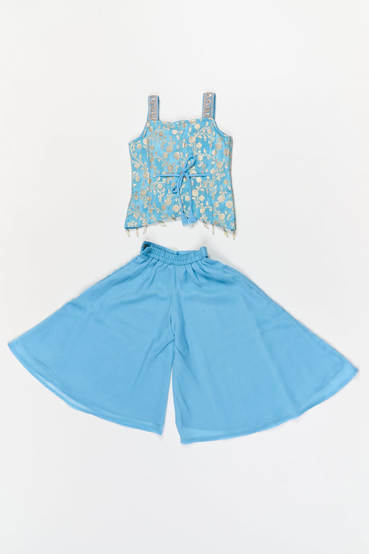 The Nesavu Girls Sharara / Plazo Set Girls Georgette Sharara Set with Embroidered Yoke for Family Functions Nesavu Nesavu girls sharara set with embroidered sleeveless yoke and dupatta – perfect for mehendi and school ethnic days