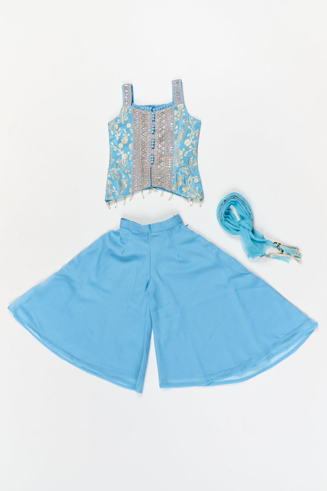 The Nesavu Girls Sharara / Plazo Set Girls Georgette Sharara Set with Embroidered Yoke for Family Functions Nesavu Nesavu girls sharara set with embroidered sleeveless yoke and dupatta – perfect for mehendi and school ethnic days