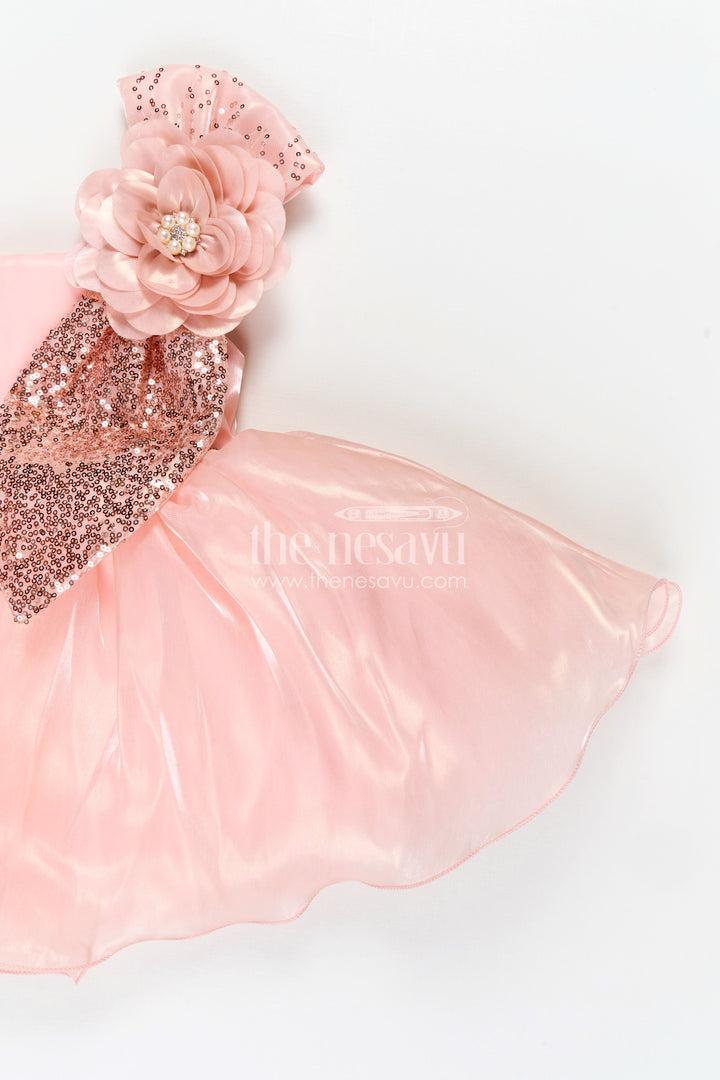 The Nesavu Girls Fancy Party Frock Girls Glaze Organza latest frock model in Peach with Sequin Embellishment and 3D Floral Design Nesavu Nesavu Peach Glaze Organza Frock Sequin 3D Floral Detail latest frock model Girls